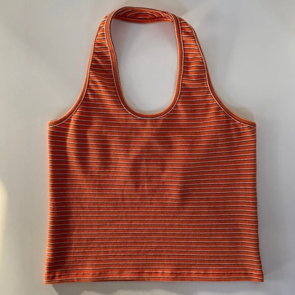 Fall Layering Anthropologie Y2K Halter Top Tank XL Orange Stripe Boho Retro 70s - Picture 5 of 11